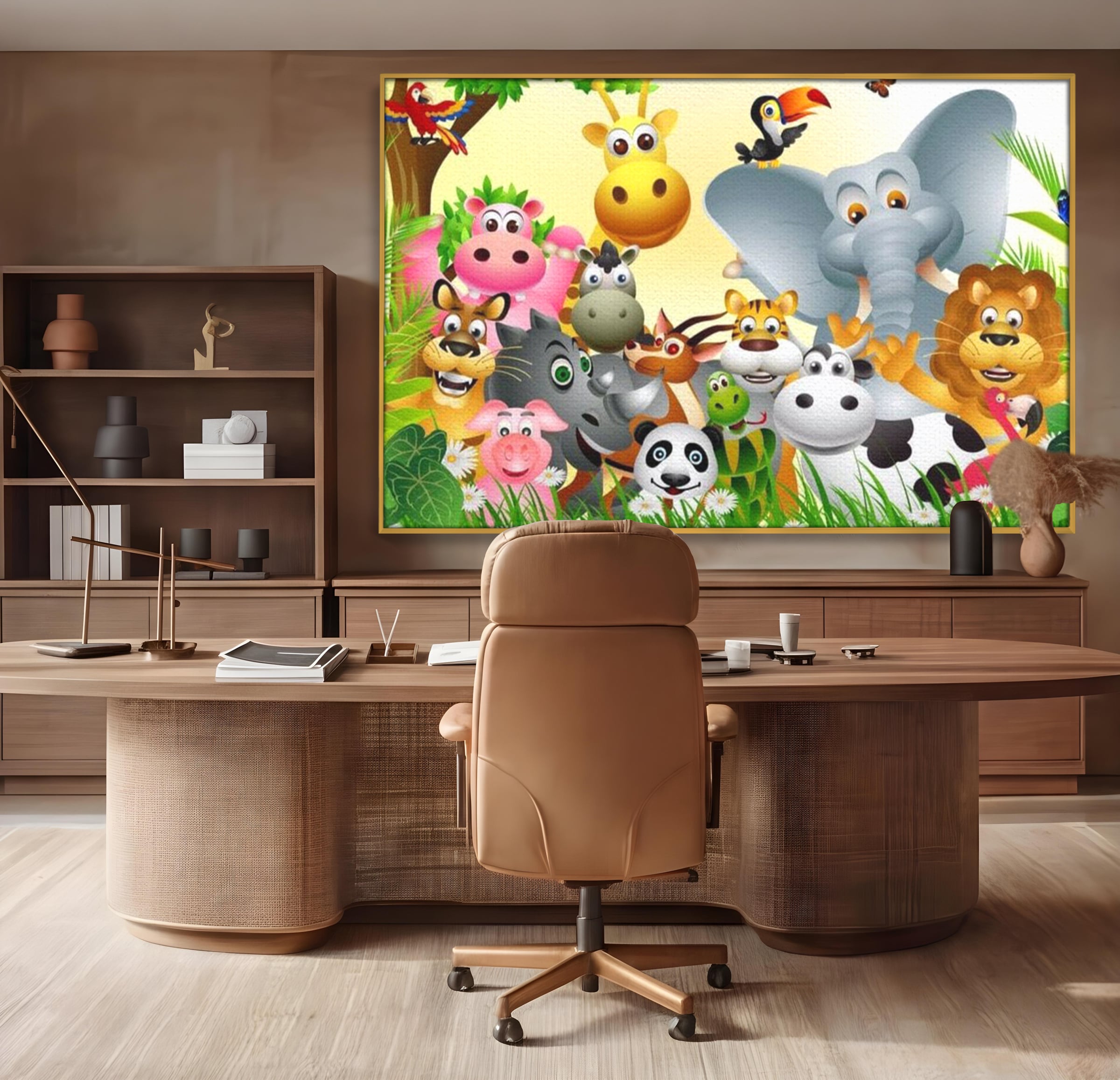 Tablou canvas cu tablou canvas cu animale din jungla, in rama de aluminiu auriu, pe perete intr-un birou